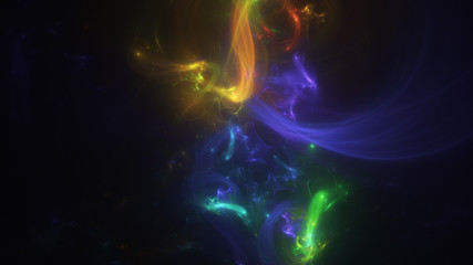 Fototapeta premium Abstract colorful blue and golden glowing shapes. Fantasy light background. Digital fractal art. 3d rendering.