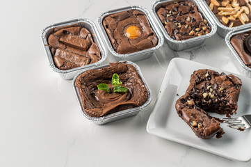 Chocolate brownies top view, brownie chocolate flatlay top view on marble background with text copy space,Food concept with space