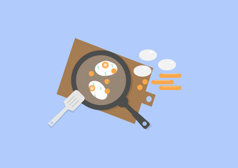 The vector illustration of fried eggs, vegetables and sausage on the frying pan. the sausage cut into pieces, eggs, and sausage placed beside the pan, spatula placed on edge pan. Top view from above.