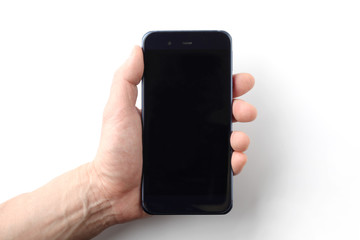 手に持った スマートフォン 携帯電話 白背景