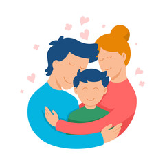 parents with kid, Cute loving family hugging, vector illustration. 