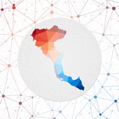 Abstract vector map of Corfu. Technology in the island geometric style poster. Polygonal Corfu map on 3D triangular mesh background. EPS10 Vector.