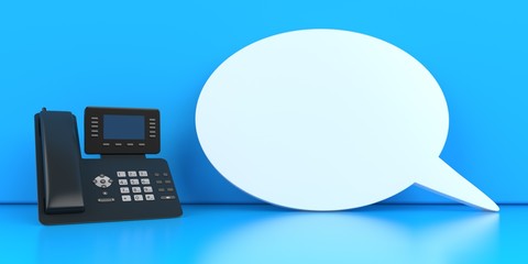 Business phone with a speech bubble on the blue background. 3d illustration.