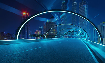 Futuristic neon light and glass facade design of tunnel flyover road with night cityscape...