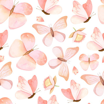 Hand drawn pastel pink butterflies - watercolor seamless pattern