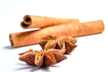 Anise stars, Badian and cinnamon on a white background, space for text,lat lay.