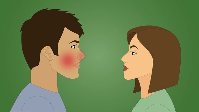 Close-up 2d animation of young Caucasian woman sneezing Covid-19 bacteria on man's face. Virus signs and red spread of infection appearing on man. Coronavirus transmissible disease.