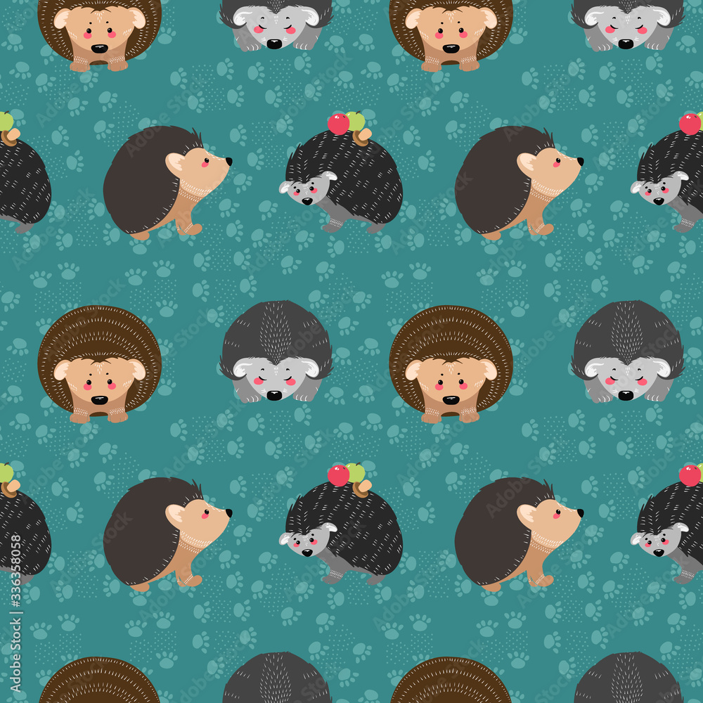 Poster seamless pattern with hedgehog on the background of a tree, plant, bush and different elements. vect