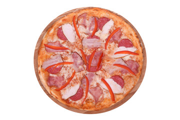Pizza Meat Mix on a wooden platter. Isolated on white. Italian Pizza Meat Mix with bacon, salami, ham, smoked chicken fillet, mozzarella, sweet pepper. View from above.