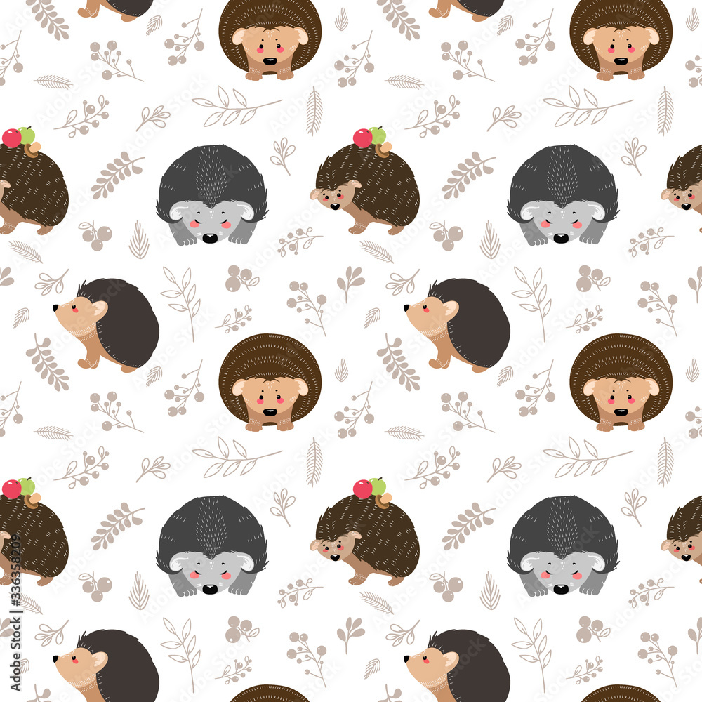 Poster seamless pattern with hedgehog on the background of a tree, plant, bush and different elements. vect