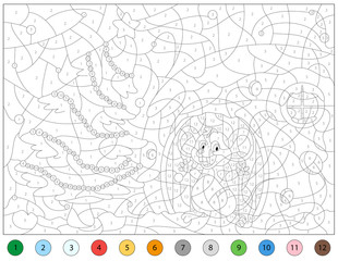 Funny rat and Christmas tree. Color by number educational game for kids