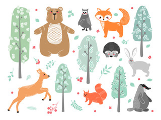 Cute animals: fox, badger, squirrel, owl, deer, doe, roe deer, hare, rabbit, hedgehog, bear and different elements. Illustration hand drawn © arkadiwna