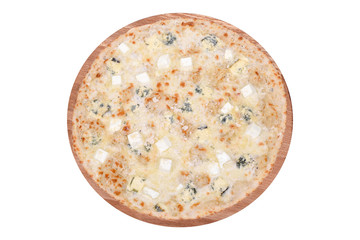 Delicious pizza Four Cheeses with mozzarella , parmesan, dorblu, feta and dorblu sauce on a wooden platter. Isolated on white. View from above.