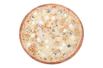 Delicious pizza Four Cheeses with mozzarella , parmesan, dorblu, feta and dorblu sauce on a wooden platter. Isolated on white. View from above.