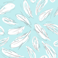 Tender White Feathers Spring Hand Drawn Seamless Pattern