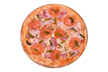 Pizza Ukrainian on a wooden platter. Isolated on white. Italian Pizza Ukrainian with bacon, ham, mozzarella, gherkins, pickled onions, tomato. View from above.