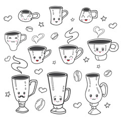 Vector illustration coffee cups. Kawaii emoji. Cute kawaii style