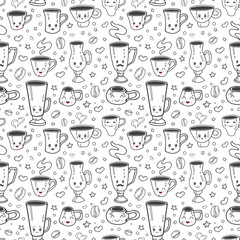 Vector illustration coffee cups. Kawaii emoji. Cute kawaii style