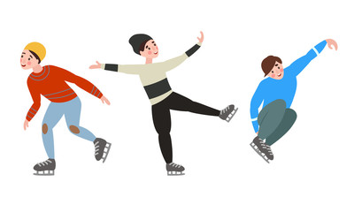 Fototapeta na wymiar Set of different male characters figure skating in different action poses. Vector illustration in a flat cartoon style.