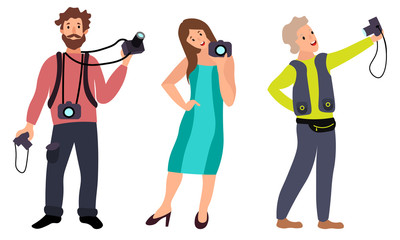 Fototapeta premium Set of different male and female photographers in different action poses. Vector illustration in a flat cartoon style.