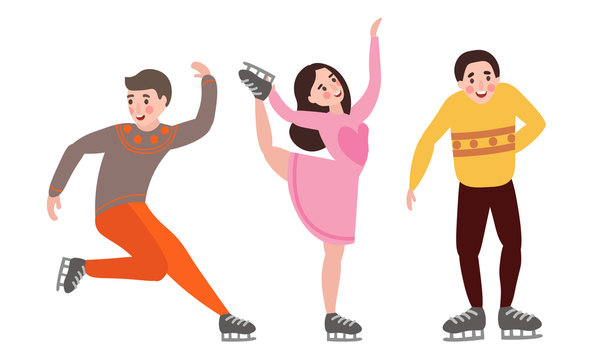 Set of different male and female characters figure skating in different action poses. Vector illustration in a flat cartoon style.