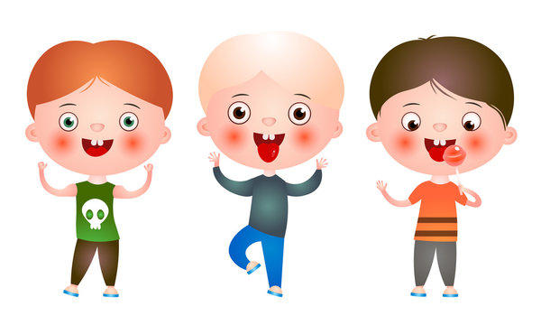 Set of funny cute little boys with funny haircuts spending free time having fun and playing. Vector illustration in a flat cartoon style.