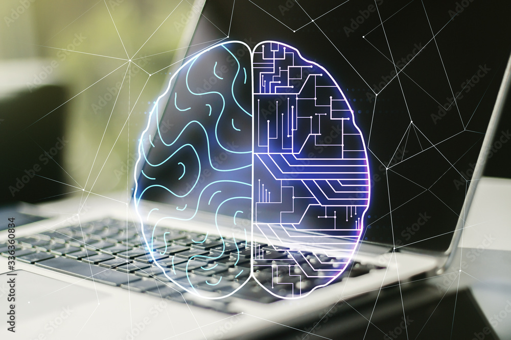 Poster creative artificial intelligence concept with human brain sketch on modern computer background. doub