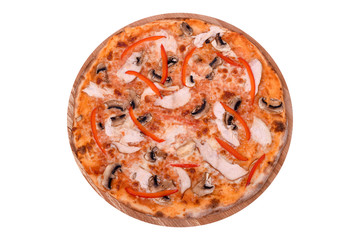 Pizza Chicken on a wooden platter. Isolated on white. Italian Pizza Chicken with smoked chicken fillet, mozzarella, champignon mushrooms, sweet pepper. View from above.