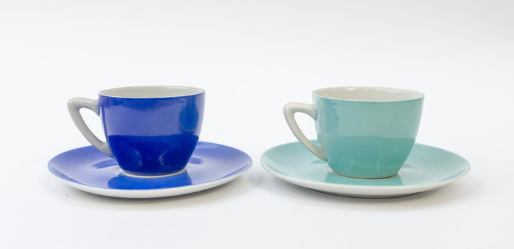 Midcentury modern style blue coffee cups - european espresso set isolated on white background