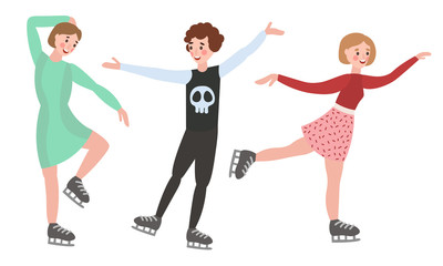 Set of different male and female characters figure skating in different action poses. Vector illustration in a flat cartoon style.