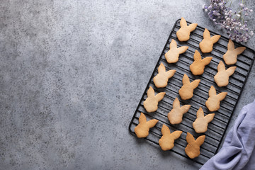 Easter cookies on grey background. Top view with copy space.