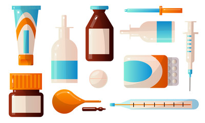 Set of medical first aid kit drugs that contain various pills, potions, drops, ampoules, syringes, and others. Vector illustration