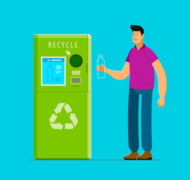 Recycling. People Put Bottles In Vending Machine. Reuse Vector Illustration