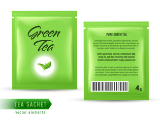 Tea sachet package design template isolated on white backgrpound. Realistic tea pack bag.