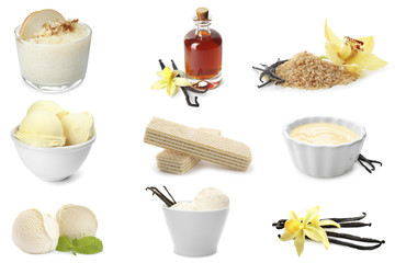 Set of different vanilla products on white background