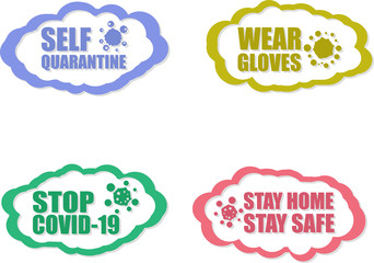 Self Quarantine Wear Gloves Stop Covid-19 Stay Home Stay Safe words. Wuhan China Travel corona virus warning and quarantine. Icon Set isolated on white