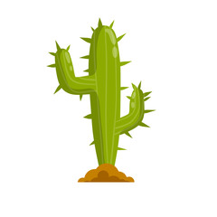 Cactus. Mexican green plant with spines. Element of the desert and southern landscape. Succulent in the brown earth. Cartoon flat illustration