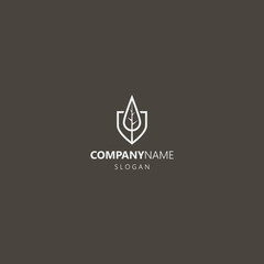 white logo on a black background. simple vector line art outline iconic logo of leaf of a plant or tree on a shield	
