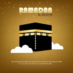 Ramadan Kareem Islamic greeting design with Kaaba and mosque sketch  Muslim background, Holy Kaaba in Mecca Saudi Arabia for Hajj and Ramadan or Eid. Vector illustration.