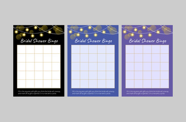 Set of cards for bridal shower game. Black, blue and purple bingo cards with glowing lamp garlands. Scaled vector templates of 10*14 in size