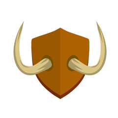 Horn of deer and bull. Hunting trophy. Wall decoration element. Old tusk on wooden board. Part of the stag animal head. Brown shield. Flat cartoon illustration