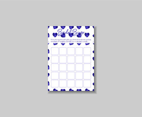 Elegant bingo card with blue polygonal hearts. Guess the gift game for bridal shower. Easy printable scaled vector templates: 10*14 in