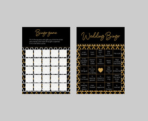 Luxury geometry bingo cards for wedding reception and bridal shower. Elegant tickets with gradient gold triangles pattern. Easy printable scaled vector templates: 10*14 in