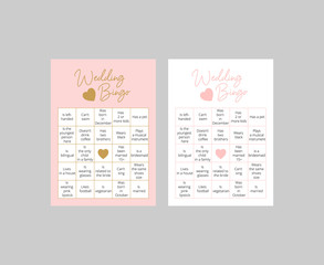 Set of cute bingo cards for wedding. Guess the guest game. Easy printable scaled vector template: 10*14 in