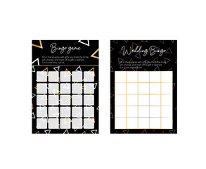 Elegant geometry bingo cards. Games for wedding reception and bridal shower. Elegant cards with gold and white triangles on the black background. Easy printable scaled vector templates: 10*14 in