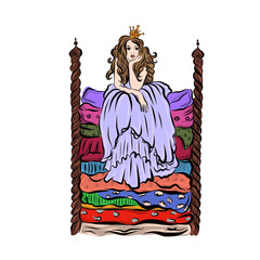Princess on the Pea. Girl in crown sits on mattresses in bed. Fairy book illustration.  © Irina Angelic
