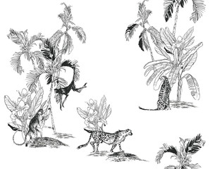 Cheetah, Monkeys Wild Animals in Tropical Jungle Engraving Illustration Grey on White Background, Hand Drawn Tropical seamless Pattern, Exotic Wildlife Textile Print, Monochrome Toile Drawing