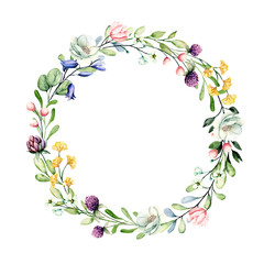 Obraz na płótnie Canvas Wreath with flowers watercolor painting, floral frame, wildflowers and leaf clip art for greeting card, invitation, wedding decoration and other printing images. Illustration isolated on white.