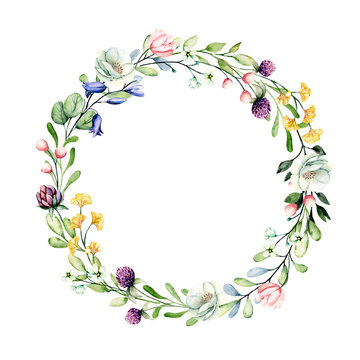 Wreath with flowers watercolor painting, floral frame, wildflowers and leaf clip art for greeting card, invitation, wedding decoration and other printing images. Illustration isolated on white.