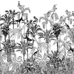Double Level Palm Trees Seamless Border Vintage Engraving Outline Drawing Tropical Jungle with Monkeys Animals, Hoopoe Birds Lithography, High End  Tropics - 336368804